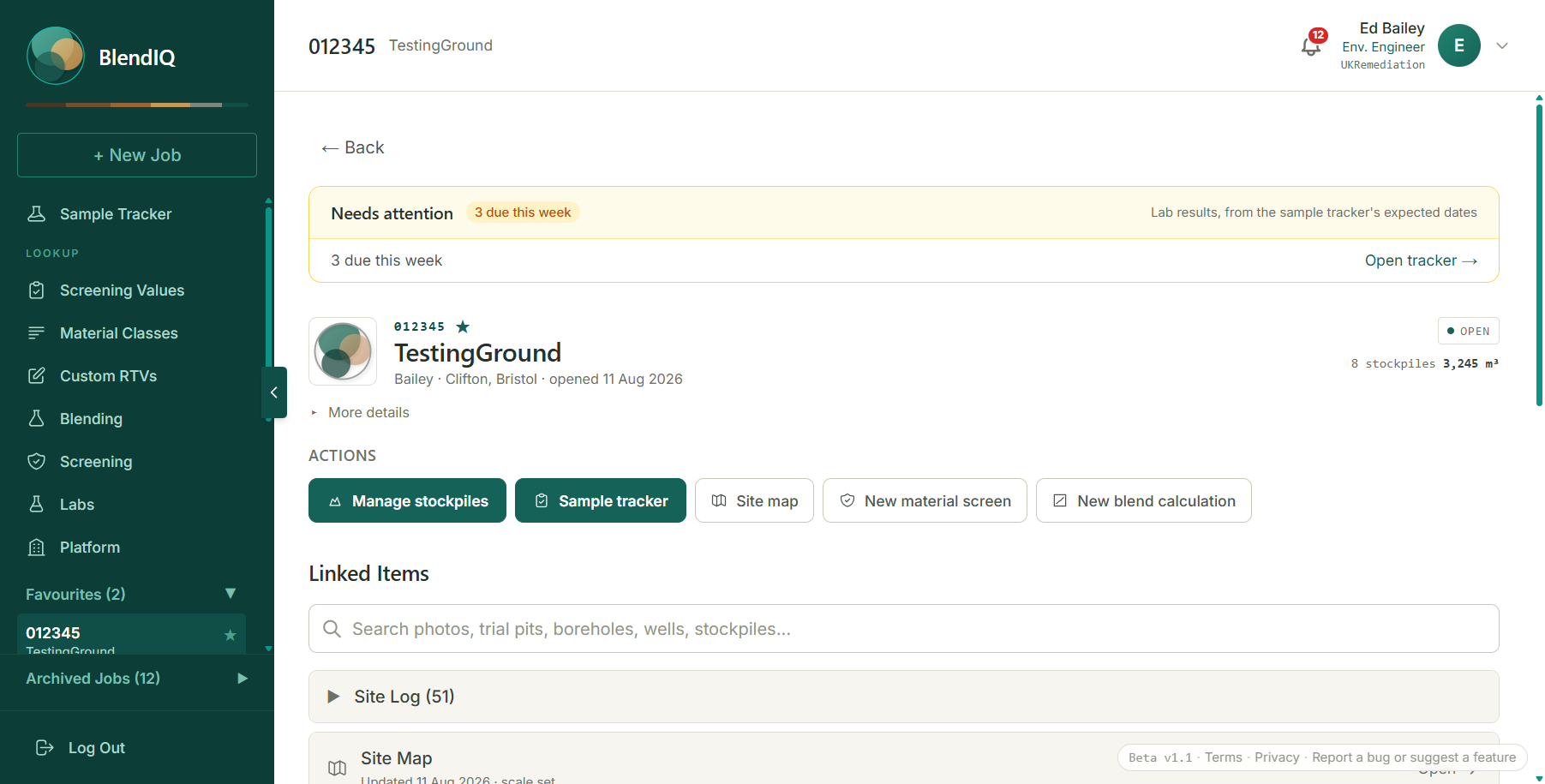 A BlendIQ job page listing exploratory holes, samples, lab reports, stockpiles and site maps together.